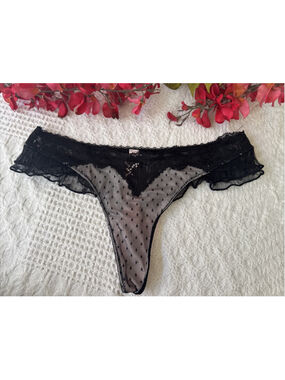 VICTORIA'S SECRET XS HI LEG TANGA BLACK PINK LACE THONG WIDE STRING PANTIES NWT
